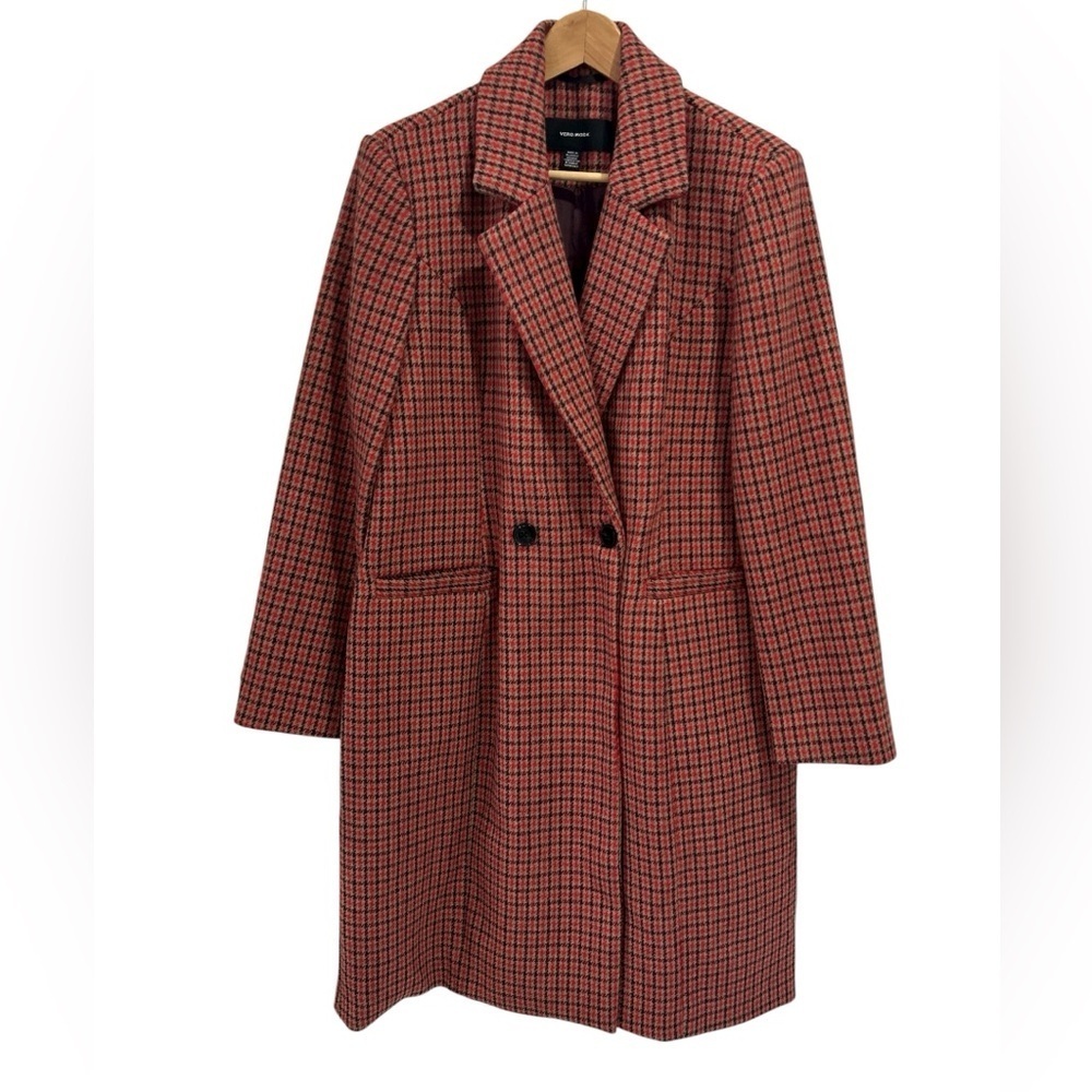 NWT VERO MODA Long Wool Blend Red Houndstooth Coat - Size Large